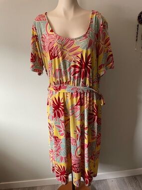 Weinfluence Tropical Belted Midi Dress Botanical Wrinkle Resistant Plus Size 2X